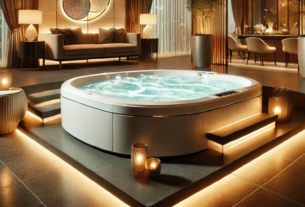 Banheira elegante em um banheiro aconchegante com luzes relaxantes.