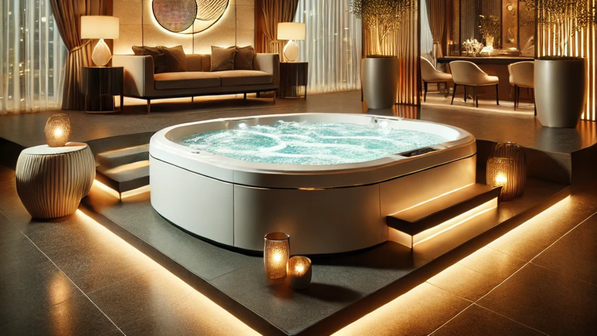 Banheira elegante em um banheiro aconchegante com luzes relaxantes.